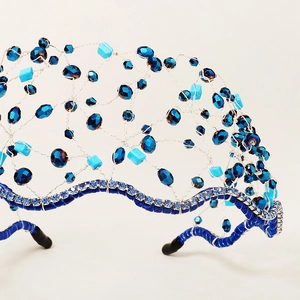 Handmade mesh crown headband with deep blue crystal beads and sky blue rhinestones