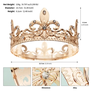 Macro shot showing crystal rhinestones and vintage baroque lily patterns on the gold crown