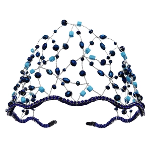 Handmade blue crystal mesh crown headband with intricate silver wire and beads