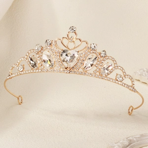 Elegant gold princess tiara with heart crystal and rhinestones for weddings and parties