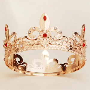 Baroque gold royal crown with red rhinestones and fleur-de-lis patterns for cosplay