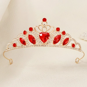Golden crown headband with red heart gemstones and sparkling rhinestones for parties