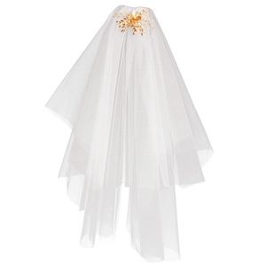 Voile de mariée blanc multicouche élégant avec peigne à fleurs dorées et perles