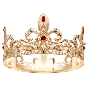 Vintage Baroque gold crown with red crystals and fleur-de-lis for royal costumes