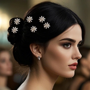 Detail of six sparkling rhinestone flower hair pins set in a bridal updo hairstyle