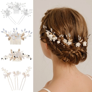 Forest Style White Flower Hairpin Set Handmade Polymer Clay Rhinestone Artificial Pearl Hair Comb For Bride Wedding Party Women Jewelry