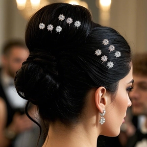 Detail of floral rhinestone U-shaped hairpins in silver and rose gold on elegant updo