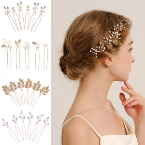 Elegant Bridal U Shaped Hair Pins Alloy Rhinestone Imitation Artificial Pearl Floral Leaf Hair Sticks For Wedding Party Women Jewelry