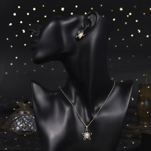 Close-up of vintage floral necklace and earrings set with micro-pave zircons and pearls