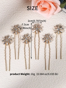 Set of 6 gold U-shaped bridal hair pins with crystal flower rhinestones and size details