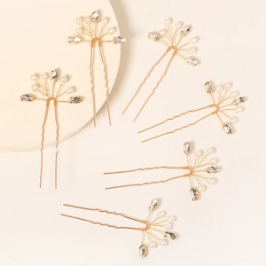 Golden bridal hair pin set with white pearls and sparkling crystal flower clusters