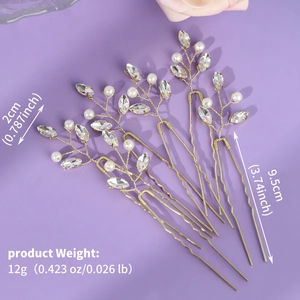 Detail view of 9.5cm pearl rhinestone bridal hair pins with size and weight annotations
