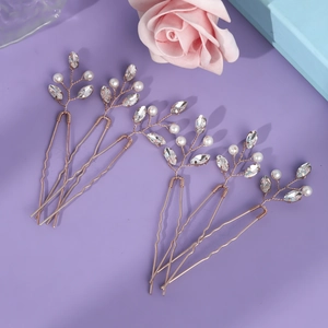 Set of 5 rose gold hair pins with white pearls and clear marquise crystals for bridal styling