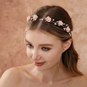 Pink Polymer Clay Flower Bridal Hair Vine And Hair Pins Handmade Satin Ribbon Headband With Faux Artificial Pearls Crystals For Wedding