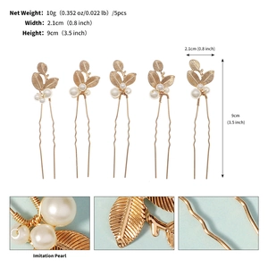 5-piece set of golden hair pins with imitation pearls and leaf patterns for styling