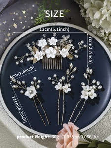 Detailed view of handmade bridal hair comb and pins set with sizes and weight information
