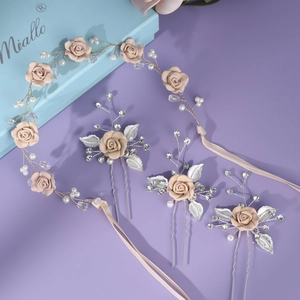 Pink clay flower hair accessories set including long headband and three U-shaped hair pins