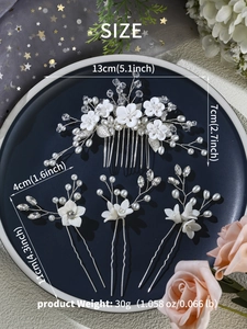 Detailed size guide for handmade bridal hair comb set with white fabric flowers and pearls