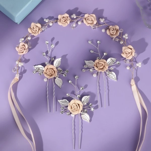 Pink clay flower hair accessory set with pearls and silver wire for brides and bridesmaids