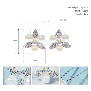 Détails des épingles à cheveux fleurs argentées avec perles et strass, taille 7cm x 2,5cm