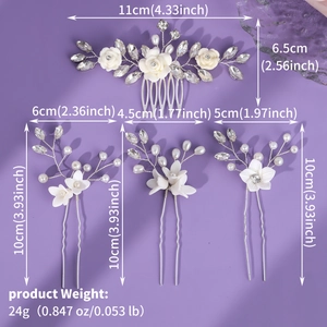Detail view of 4-piece bridal hair set with white flowers, pearls and crystals