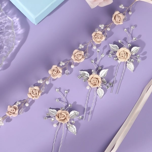 Handmade pink flower hair accessory set with bridal hair vine and matching hairpins