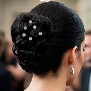 Detail of six sparkling rhinestone hair pins elegantly styled in a classic bun for weddings