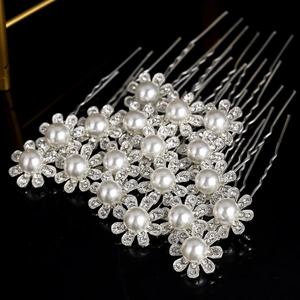 Set d'épingles à cheveux de mariée avec fleurs argentées, perles blanches et strass