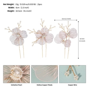 Detailed close-up of iron hollow wire petal hairpins with pearls and copper wire branches