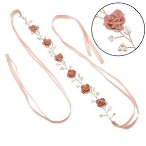 Handgemaakte roze bloemen haarset met parels en kristallen voor bruidsstijlen