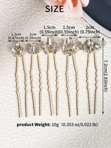Size chart for rhinestone hair pins showing 7.2cm height and various widths in inches
