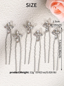 Detail showing dimensions of six silver U-shaped hair pins with marquise crystal flowers
