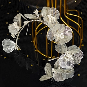 Artistic silver hollow wire petal hair clip with pearls for weddings and parties