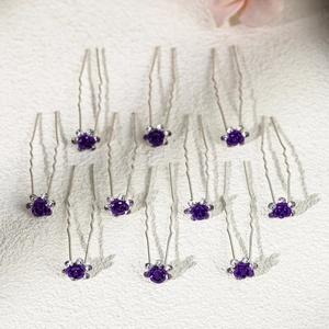Detailed set of 10 purple rose U-shaped hair pins with crystals for bridal styling