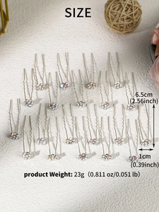 Detail view of 20-piece U-shaped flower hair pins set with colorful rhinestones