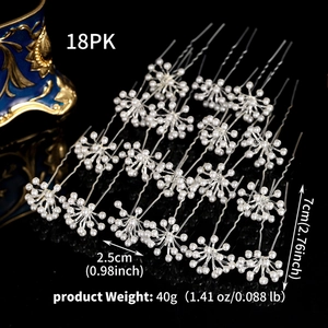 Detailed view of 18-piece set of silver U-shaped bridal hair pins with pearl flowers