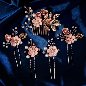 5pcs bridal hair comb and pins set with rose gold leaves, pink flowers and pearls