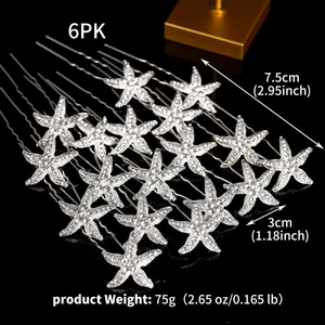 Detail view of 6-piece silver starfish hair pins with sparkling rhinestones and dimensions