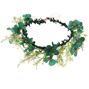 Floral wreath headband with green silk flowers and pink ribbon for weddings and vacations