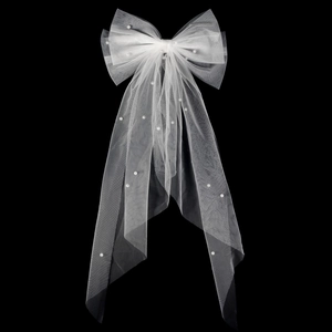 White Mesh Bow Bridal Veil With Imitation Artificial Pearls Long Streamer Hair Clip For Wedding Engagement Birthday Party Headpiece