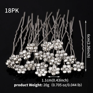 Set of 18 silver U-shaped hair pins featuring 1.1cm white crystal flower decorations