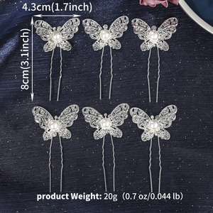 Detailed view of silver butterfly hair pins with white pearls and 6pcs set dimensions