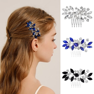 Handmade Rhinestone Alloy Bridal Hair Comb Leaf Floral Wedding Hair Clip Accessory For Women Pageant Party Silver Blue Black