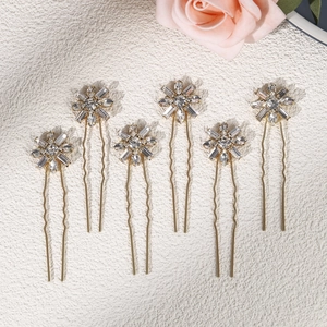 Set of 6 gold flower hair pins with sparkling crystals for bridal hair styling