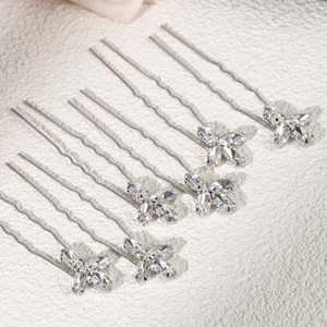 Set of 6 silver bridal hair pins with sparkling rhinestone butterflies for wedding hair