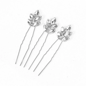 Three-piece bridal rhinestone leaf hair pins set with elegant U-shaped silver metal base