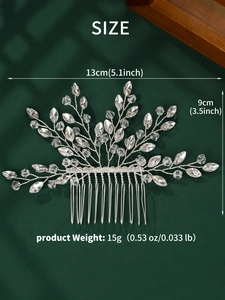 Detail view of silver floral bridal hair comb with faceted crystal beads and size dimensions