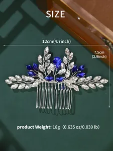 Detailed size chart showing silver bridal hair comb with blue rhinestones and dimensions