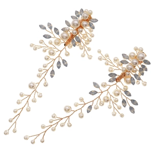 Set de barrettes à perles faites à la main avec fil doré et feuilles en cristal bleu