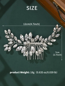 Detail view of bridal rhinestone hair comb with size dimensions of 12cm by 7cm